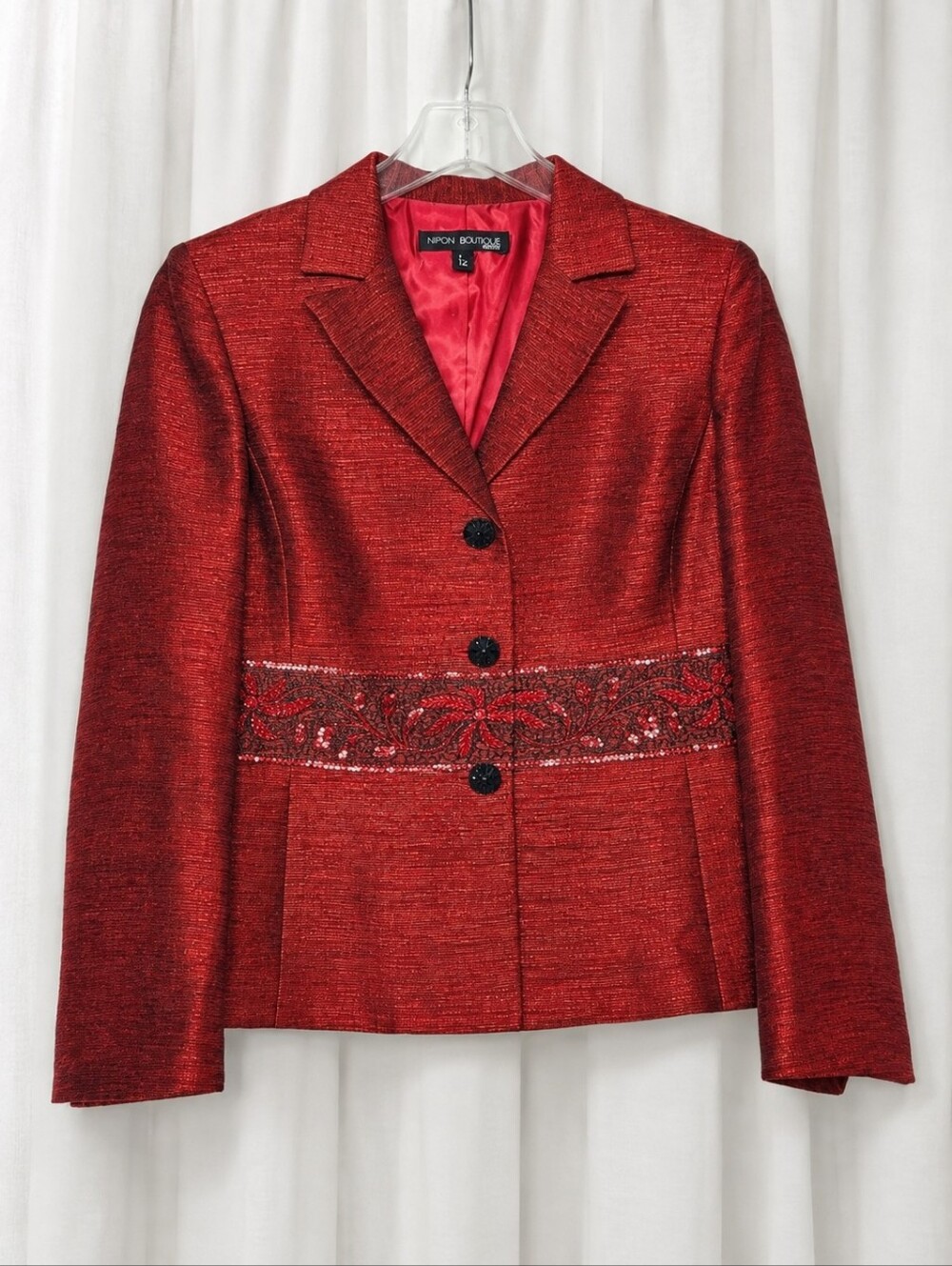 Nipon Boutique Deep Red Black Embroidered  Beaded Sequin Button  Evening Blazer